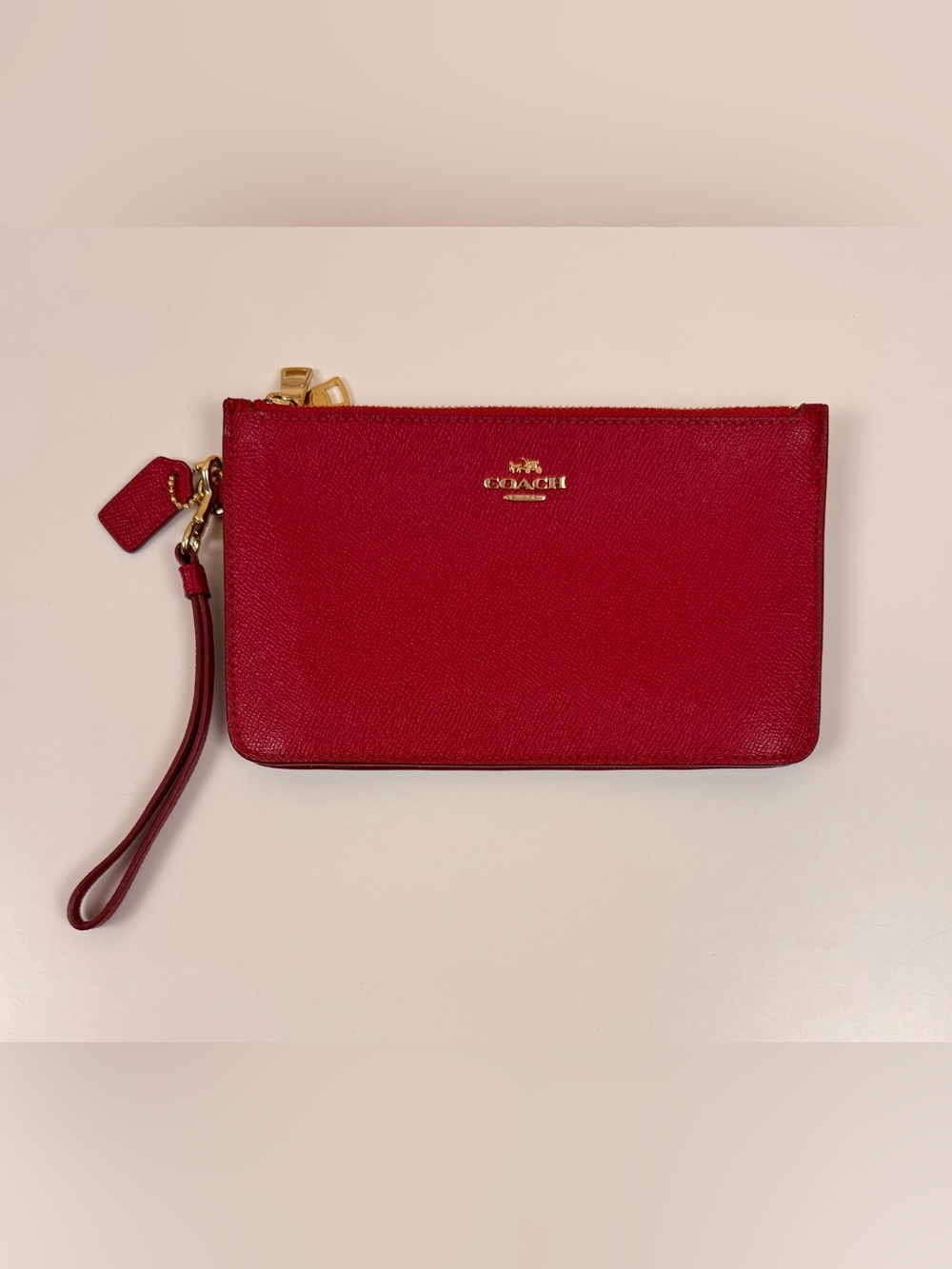 Coach Double Zip Wristlet Wallet Crossgrain Leather True Red Gold